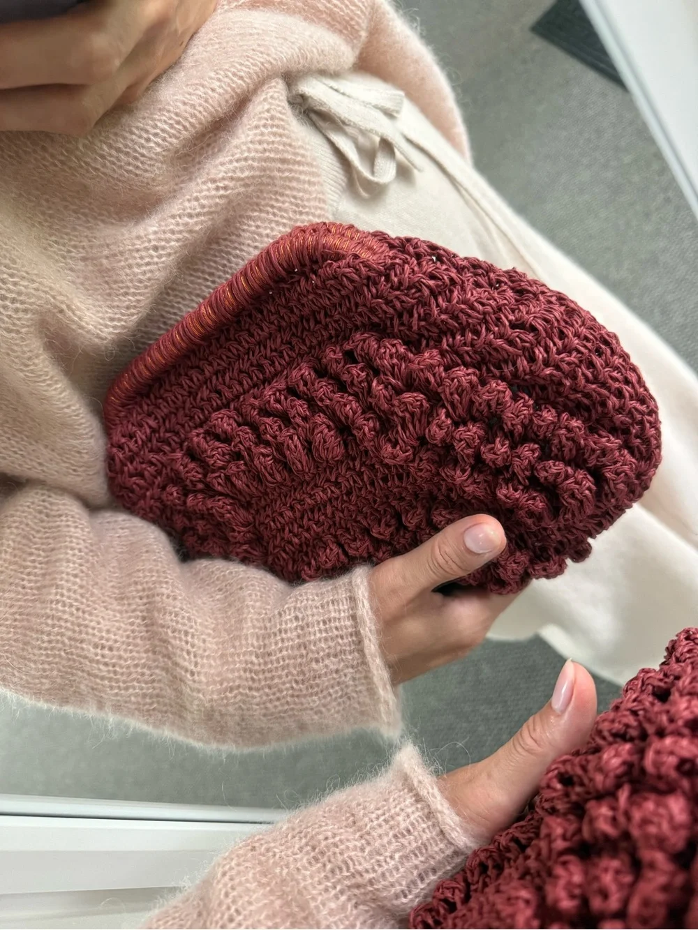 Zara Maroon Crochet Clutch with Decorative Frame Top